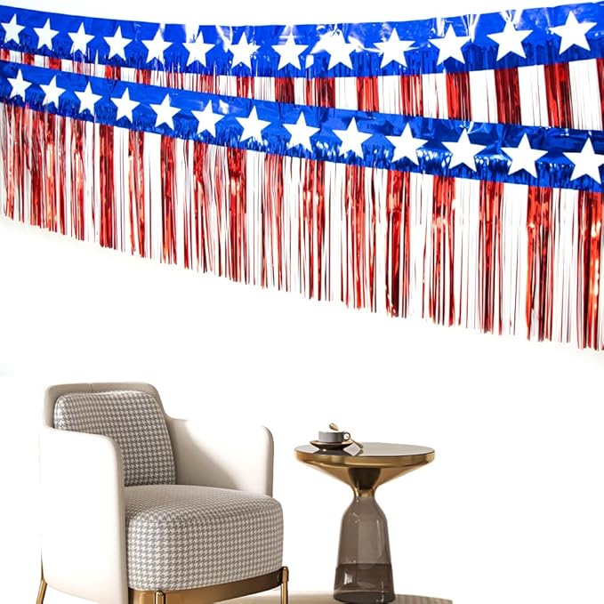 4 Packs 10 Feet Long Foil Fringe 4th of July Star Garland Memorial Day USA Red White Blue Independence Day Tinsel Metallic Streamers Patriotic Banner Car Parade Floats Garden Trailer Decor
