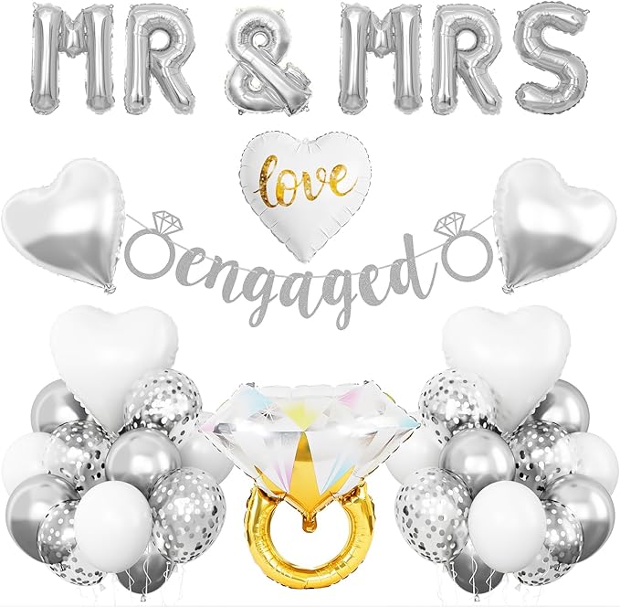 Silver Engagement Party Decorations, MR and MRS Balloons Decor, Metallic Silver Confetti Balloons, Love Heart and Diamond Ring Foil Balloon with Engaged Banner for Wedding Engagement Party Decoration