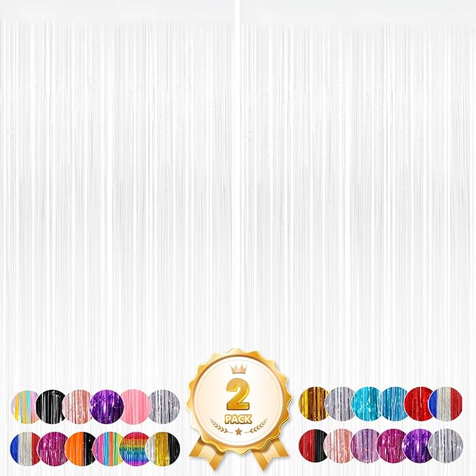 2 Pack Macaron White Tinsel Curtain Party Backdrop Decorations, Metallic Foil Fringe Curtain for Wedding Parties Door Streamers Christmas Birthday Bachelorette Photo Booth Party Decor