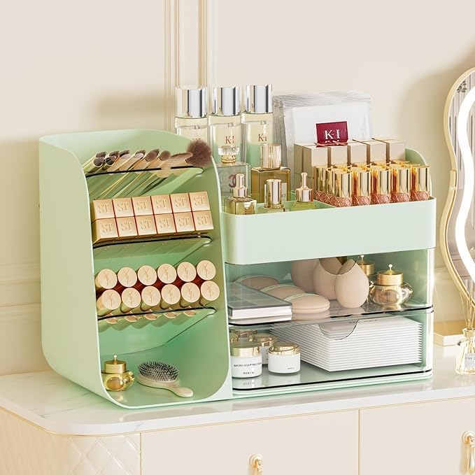 Makeup Organizer with Brush Holder for Vanity,Countertop Makeup Organizer with Drawers,Spacious Cosmetic Display Case,Perfect Storage Solution for Your Beauty Essential (Green, Large)