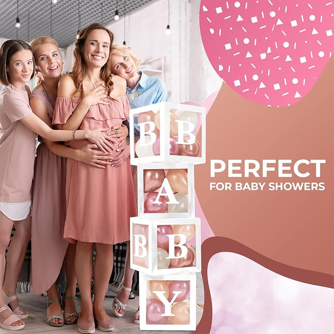 Baby Shower Boxes with Letters – White Boxes with Rose Gold, Dusty Pink, Sand & White Balloons – 44-Piece Gender Reveal & Party Decoration Set by Vellax