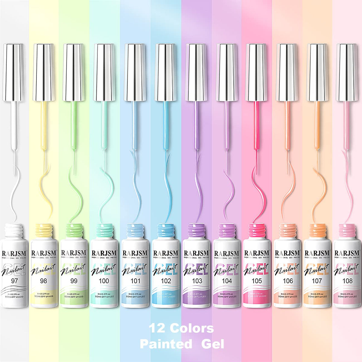 RARJSM Nail Art Gel Liner Painting Polish Set,12 Pastel Colors Spring Summer Collection,Painted Gel Nail Polish Set Build in Thin Brush Soak Off Curing Requires Salon DIY Nail Design Line Art 8ML