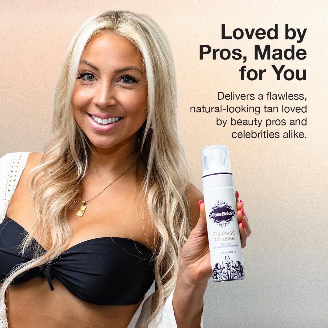 Fake Bake Flawless Self Tanning Mousse Streak-Free, Long-Lasting Natural Glow For All Skin Tones Women & Men - Sunless Tanner Includes Mitt For Easy Application, Black Coconut Scent - 6.7 oz