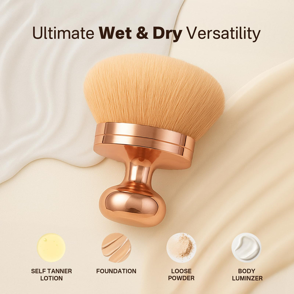 OriginButy Kabuki Self Tanner Brush – Round Dome Blending Brush for Face & Body, Palm-Grip Applicator for Smooth, Streak-Free Tan | Soft Synthetic Bristles, Washable & Reusable (Gold)