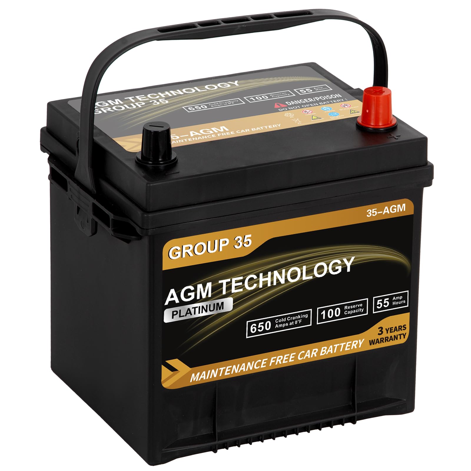 Daakmax Platinum Agm Car Battery Group Size 35, 12V 55Ah, 650 Cca, 100 Rc, Rechargeable Start-Stop Automotive Battery With 36-Mo