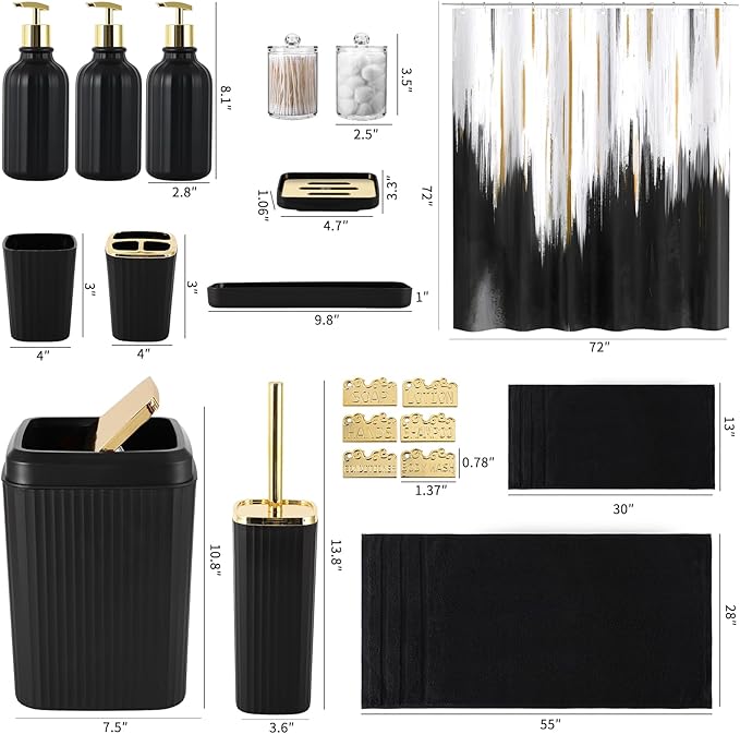 32PCS Bathroom Accessory Set Black Bathroom Accessories Bathroom Set, Shower Curtain Set, 2 Piece Bath Towel Set, 3PC Soap Dispenser, Toilet Brush & Trash Can