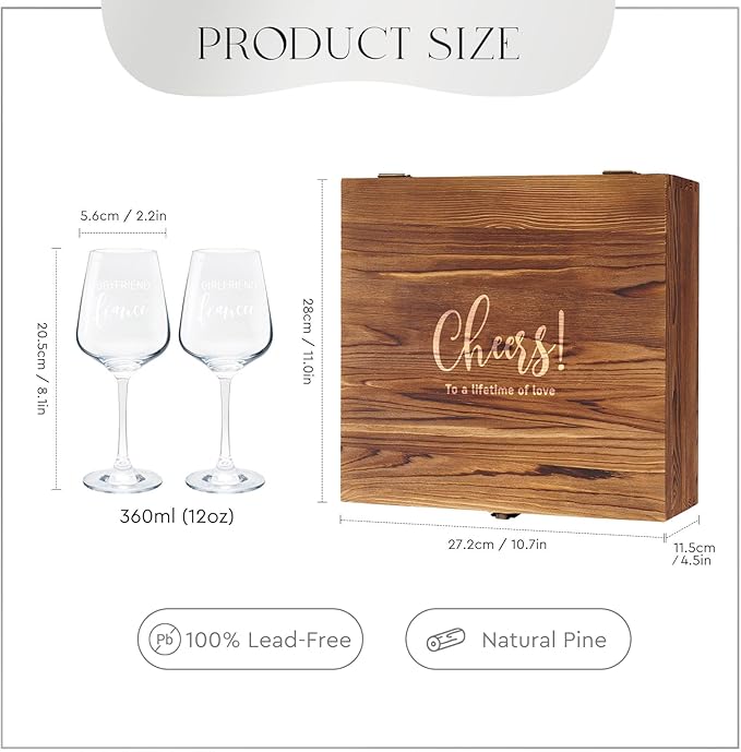 AW BRIDAL Engagement Gifts for Couples Wine Glasses Set, Fiance Fiancee Gifts for Women Bride to Be, Engaged Wine Glasses with Wine Stopper & Wood Keepsake Box, 2026 Wedding Gifts for Newlyweds