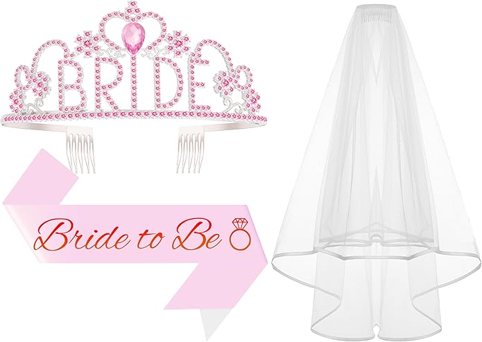 3Pcs Bride to Be Sash with Crown and Veil for Bachelorette Party Decorations，Bridal Shower Accessories for Gift, Favors