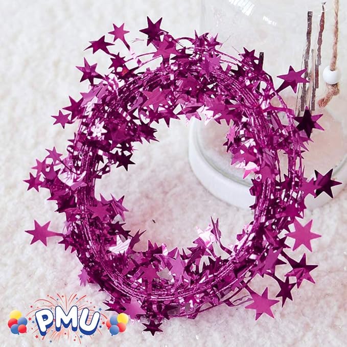PMU 150 Ft Star Wire Shiny Garland Hot Pink - Halloween, Christmas Party, Wedding, Birthday, Festive Home Decoration Ornament Hot Pink (6pc-25Ft Each)