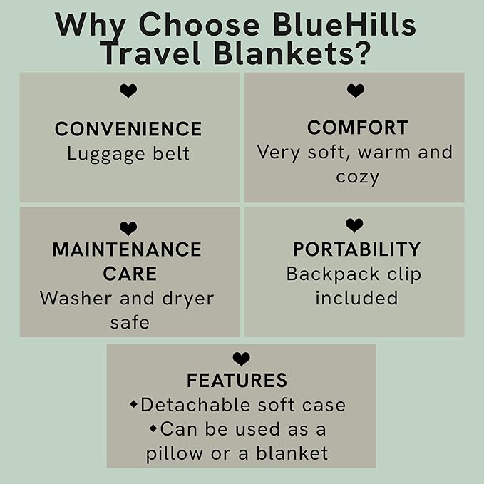 BlueHills Premium Soft Travel Blanket Pillow Airplane Blanket Packed in Soft Bag Pillowcase with Luggage Sleeve Compact Pack Large Traveling Packable Lightweight Gifts Black T008