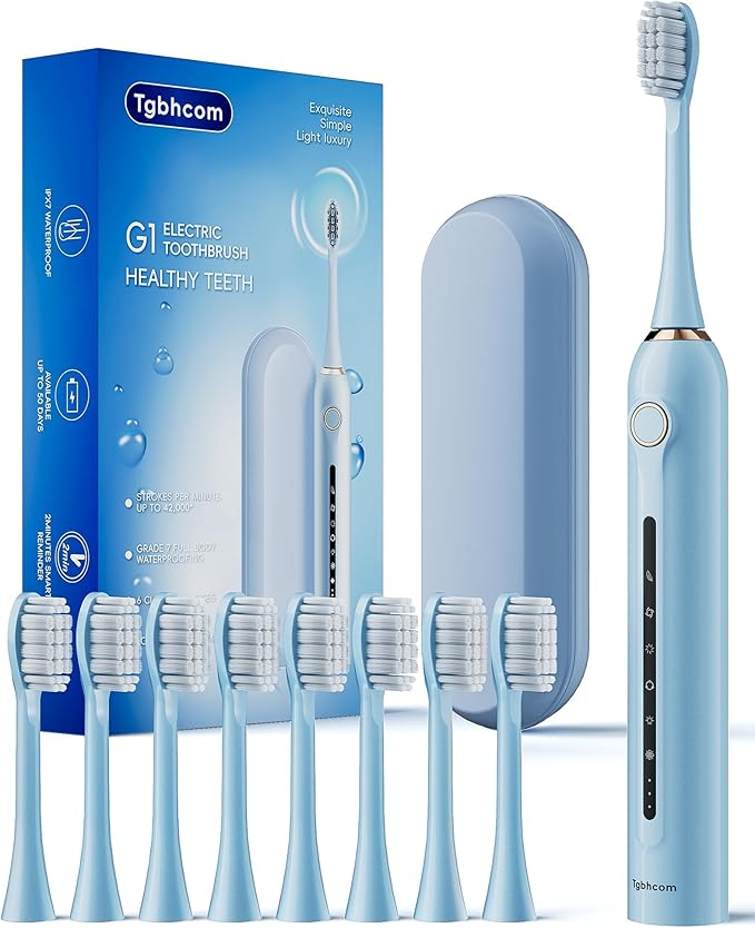 Blue Electric Toothbrushes, with 8 Brush Heads, 1 Travel Toothbrush Case, for Adults and Kid Electric Toothbrush, Long 180-Day Battery Life, 6 Different Modes, Smart 2-Minute Timer, IPX7 Waterproof