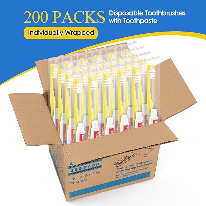 Homvle Disposable Toothbrushes with Toothpaste - 200 Packs Individually Wrapped Travel Toothbrushes Bulk, Medium Soft Bristles, Perfect for Travel Size Toiletries, OCC, Airbnb, Dentist, Office