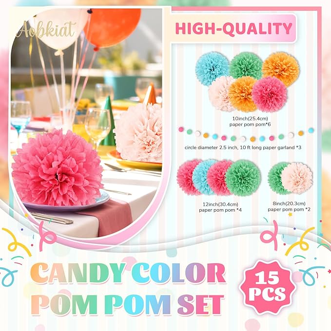AOBKIAT Rainbow Birthday Decorations for Girls Women,15PCS Colorful Tissue Paper Pom Poms,Paper Garland String,for Candyland Theme Baby Shower Wedding Fiesta Party Hanging Backdrop