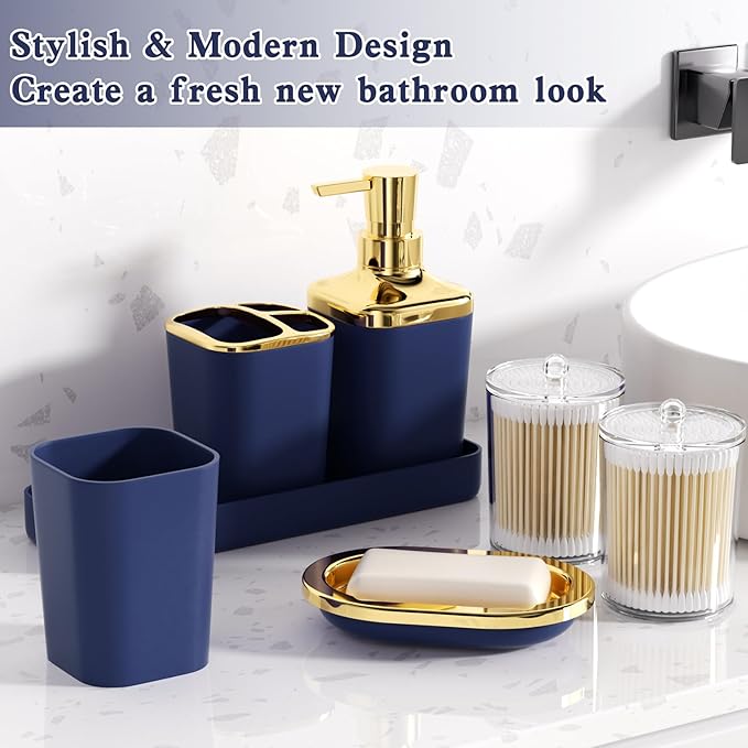 Bathroom Set - Navy Blue Bathroom Sets with Shower Curtain and Rugs, 24PCS Shower Curtain Set with Hooks, Soap Dispenser, Soap Dish, Toilet Brush Holder and Trash Can for Housewarming