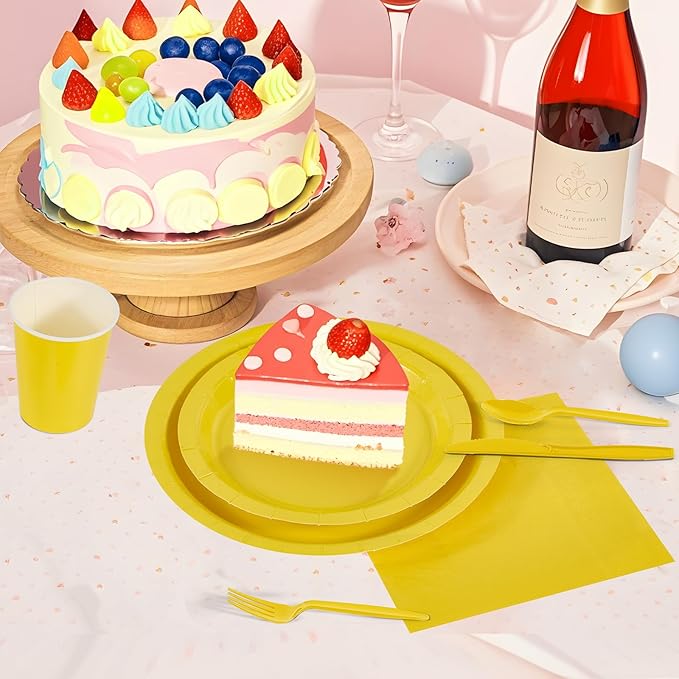 Ottin Yellow Party Supplies for 24 Guests 169PCS Disposable Paper Plates and Napkins Set with Cups, Forks, Knives, Spoons & Tablecloth – for Birthday Wedding Halloween Thanksgiving Christmas New Year