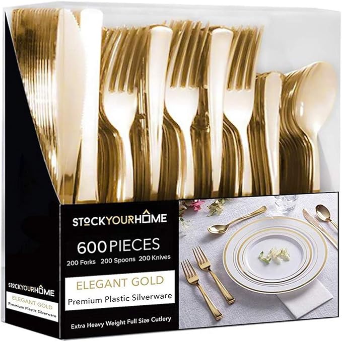 Gold Plastic Silverware Set (600-Pack) – Disposable Heavy Duty Cutlery, 200 Forks, 200 Knives, 200 Spoons for Parties, Weddings, Dinners & Holidays