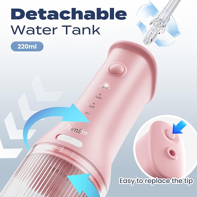 7AM2M Portable Water Flosser Cordless, Water Flosser with 3 Modes and 2 Jet Tips, USB C Rechargeable, IPX7 Waterproof, Dental Water Flosser for Travel and Home Use (Pink)