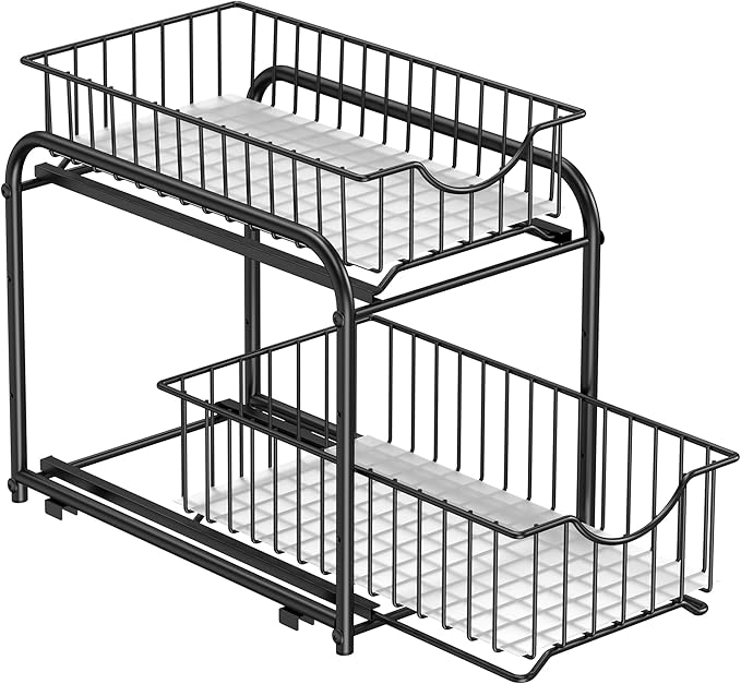 SONGMICS 2-Tier Pull Out Cabinet Organizers, Under Sink Organizer, Bathroom Organizer and Storage, Sliding Basket Drawers, Stackable for Kitchen, Bathroom, Ink Black UKCS017B01