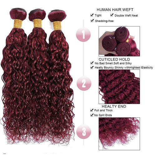 Fabimiya Human Hair Bundles Burgundy 99J Water Wave 18 20 22 Inch Bundles Human Hair 100% Unprocessed Burgundy Soft Sewn In Hair with Double Weft for Black Women