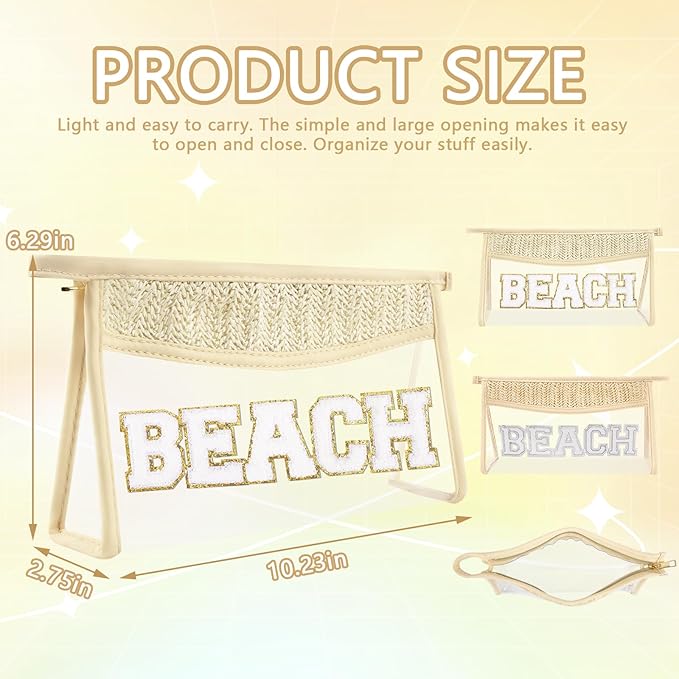2Pcs Boho Patch SPF Bag Clear Makeup Letter Bag, Waterproof Zipper Make up Bags Toiletry Pouch for Women Girls, Clear Letter Patch Cosmetic Bags Transparent Organizer Pouch for Travel(SPF, Beach)