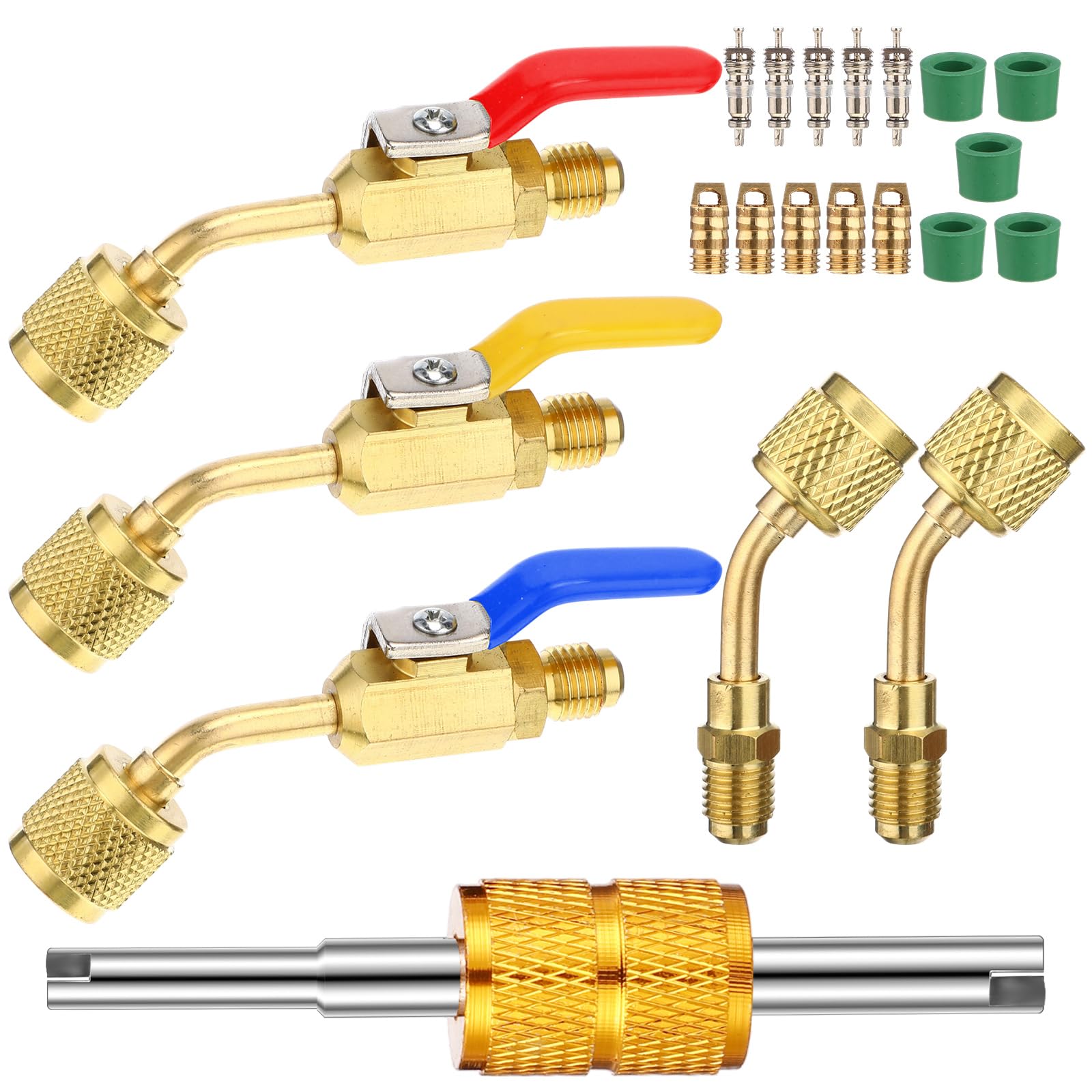 Mudder 21 Pcs A2L R32 R454B HVAC Adapter Kit, 1/4 LH Female to 1/4 SAE Male Refrigerant Fitting Set with Ball Valves, Valve Core