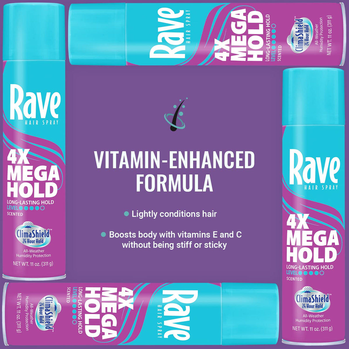 Rave 4X Mega Long-Lasting Firm Hold Scented Hair Spray for Heat Protection, Volume and Shine - ClimaShield for Extra Humidity & Minimizes Frizz