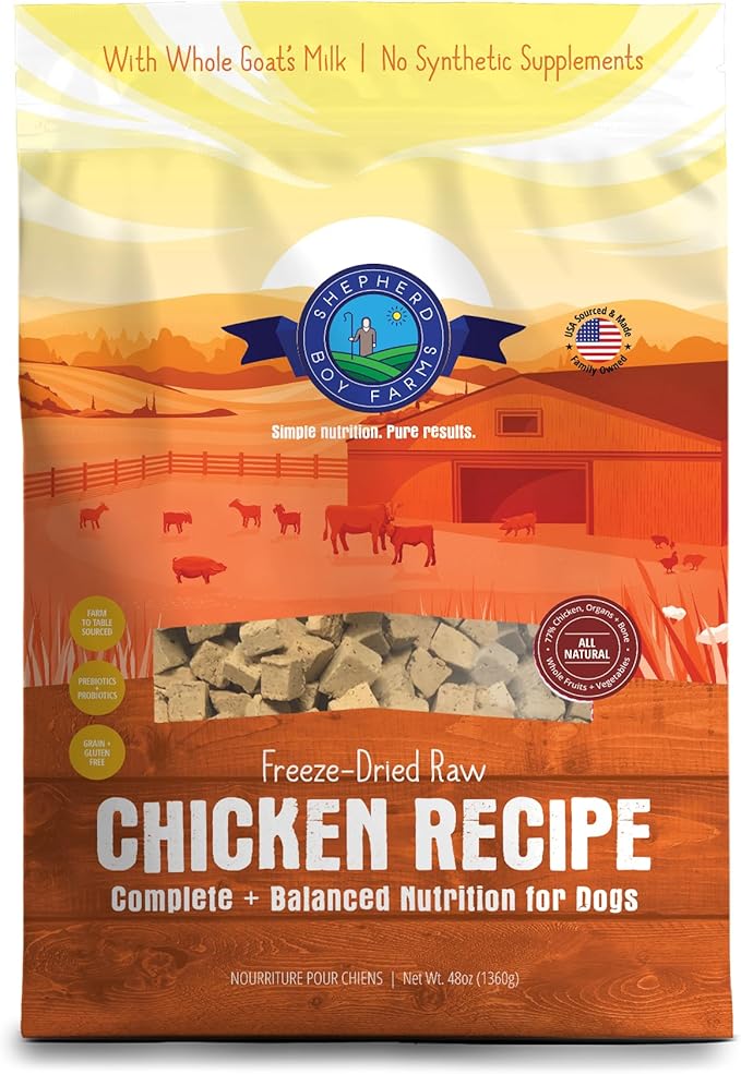 Shepherd Boy Farms Freeze Dried Raw Dog Food, Chicken Recipe, All Natural, No Synthetics, Made in USA with Goat's Milk & Organic Produce, High Protein, Complete Meal (48oz)