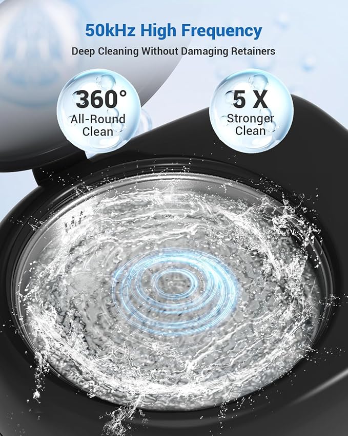 Rechargeable Ultrasonic Retainer Cleaner Machine | 50kHz 1.9 inch Ultra-Thin Portable | Night Guard Aligners Jewelry |6pcs Cleaner Tablets Included | Quick & Deep Clean Modes | Oral Dental Care