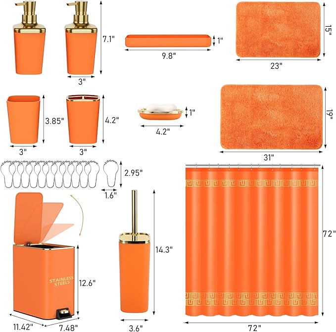 11PCS Bathroom Sets with Shower Curtain and Rugs Bathroom Accessories Set Orange Bathroom Set,Soap Dispenser & Toilet Brush Holder Set with Stainless Steel Trash Can