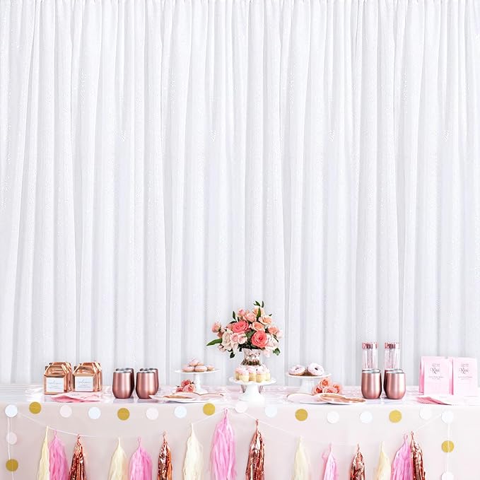 3x8FT White Backdrop Curtains 2 Panels Sequin Fabric Drapes Wedding White Curtain Backdrop Background for Birthday Party