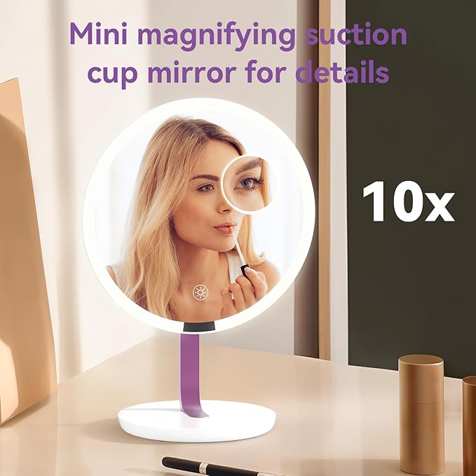 9.65-inch Lighting Makeup Mirror, 1x / 10x, Touch Control, 3-Color Adjustable, Metal Stand, up and Down Adjustable Makeup Mirror,High Color Rendering, Eye-Protecting Light Source,Pink