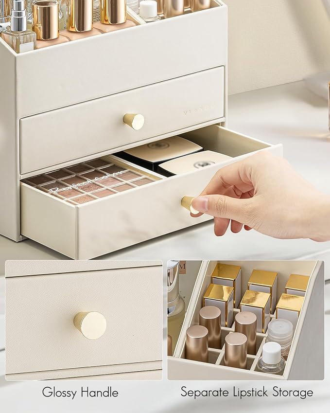 Vlando Makeup Organizer for Vanity,Large Capacity Countertop Organizer with Drawers, PU Leather Cosmetic Display Case for Lipstick,Brushes,Skincare,Bedroom Storage (Beige)