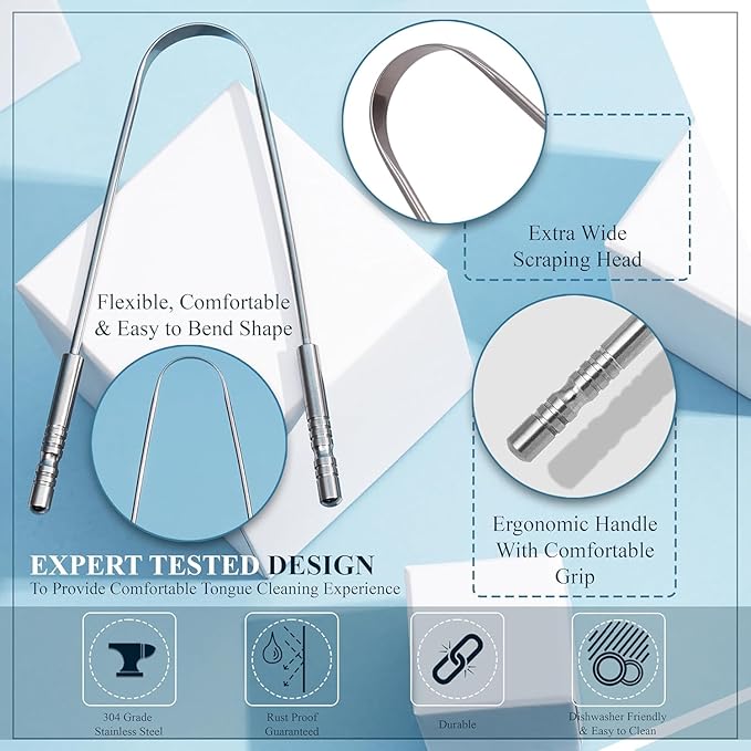 New Tongue Scraper for Adults with Multicolor Travel Cases (2 Pack), 100% Stainless Steel, Reduce Bad Breath, Tongue Scrubber, Oral Care & Hygiene (181 Degrees)