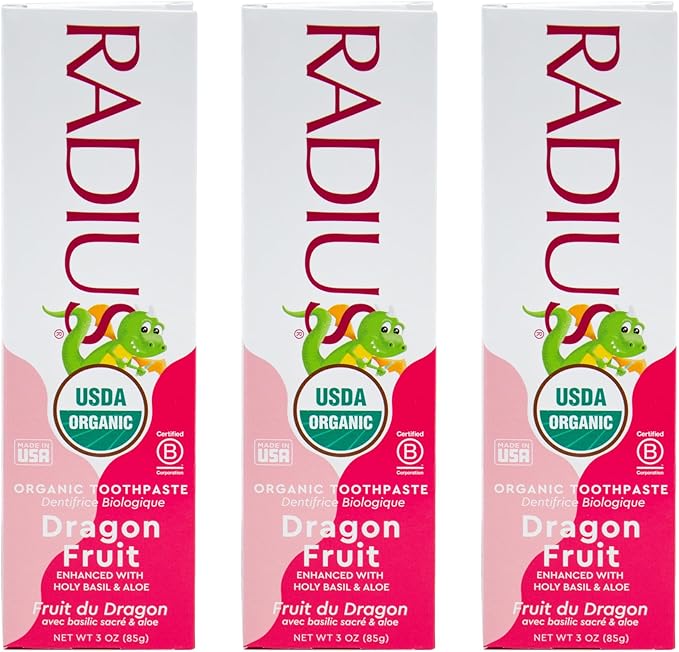RADIUS USDA Organic Kids Toothpaste 3oz Non Toxic Chemical-Free Gluten-Free Designed to Improve Gum Health for Children's 6 Months and Up - Dragon Fruit - Pack of 3