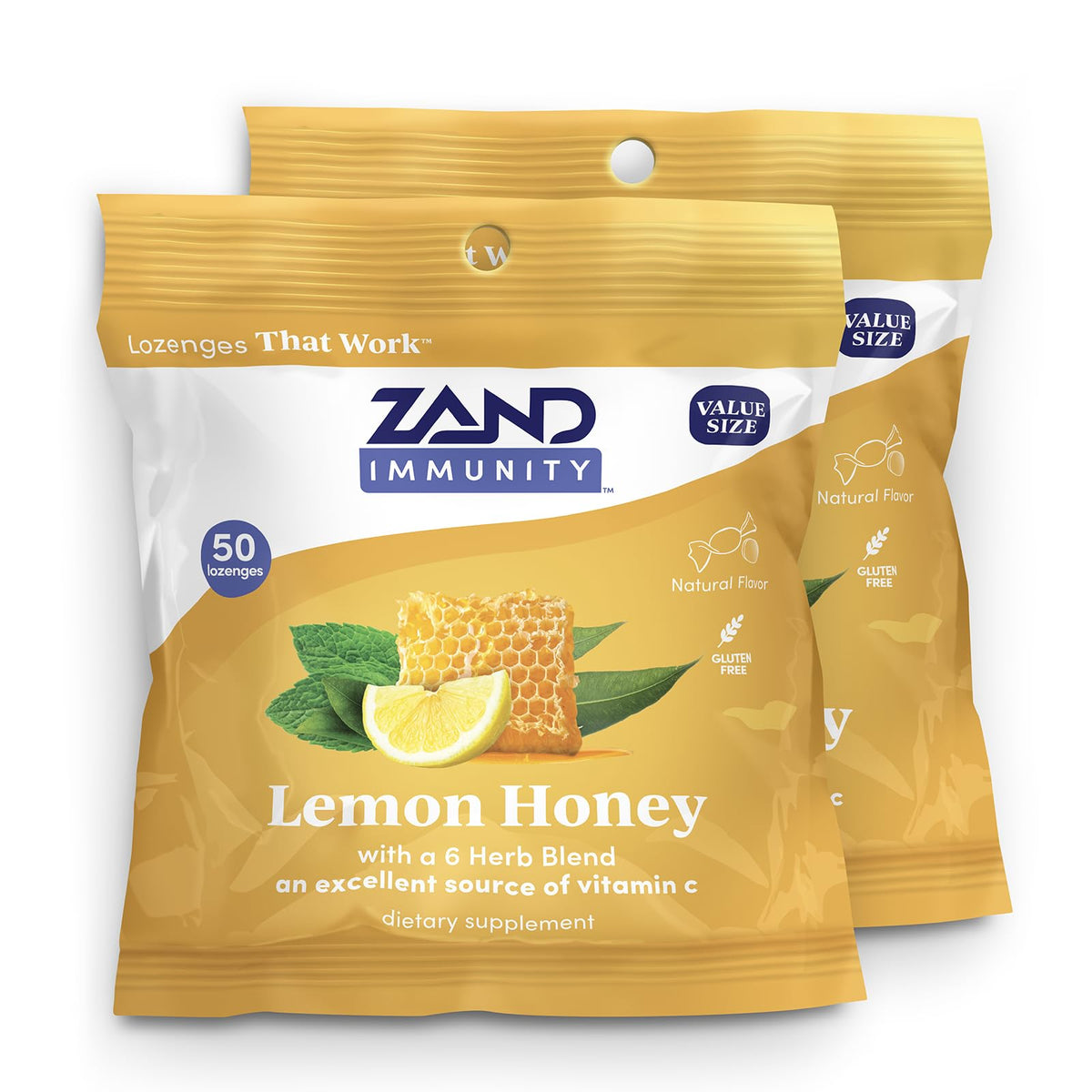 ZAND Immunity Lemon Honey Throat Lozenges 2 Pack with Vitamin C, Organic Honey - Good-for-You Dry Mouth Lozenges - Immune Support Supplement - Natural Flavor, Vegetarian, Gluten Free, 50ct ea