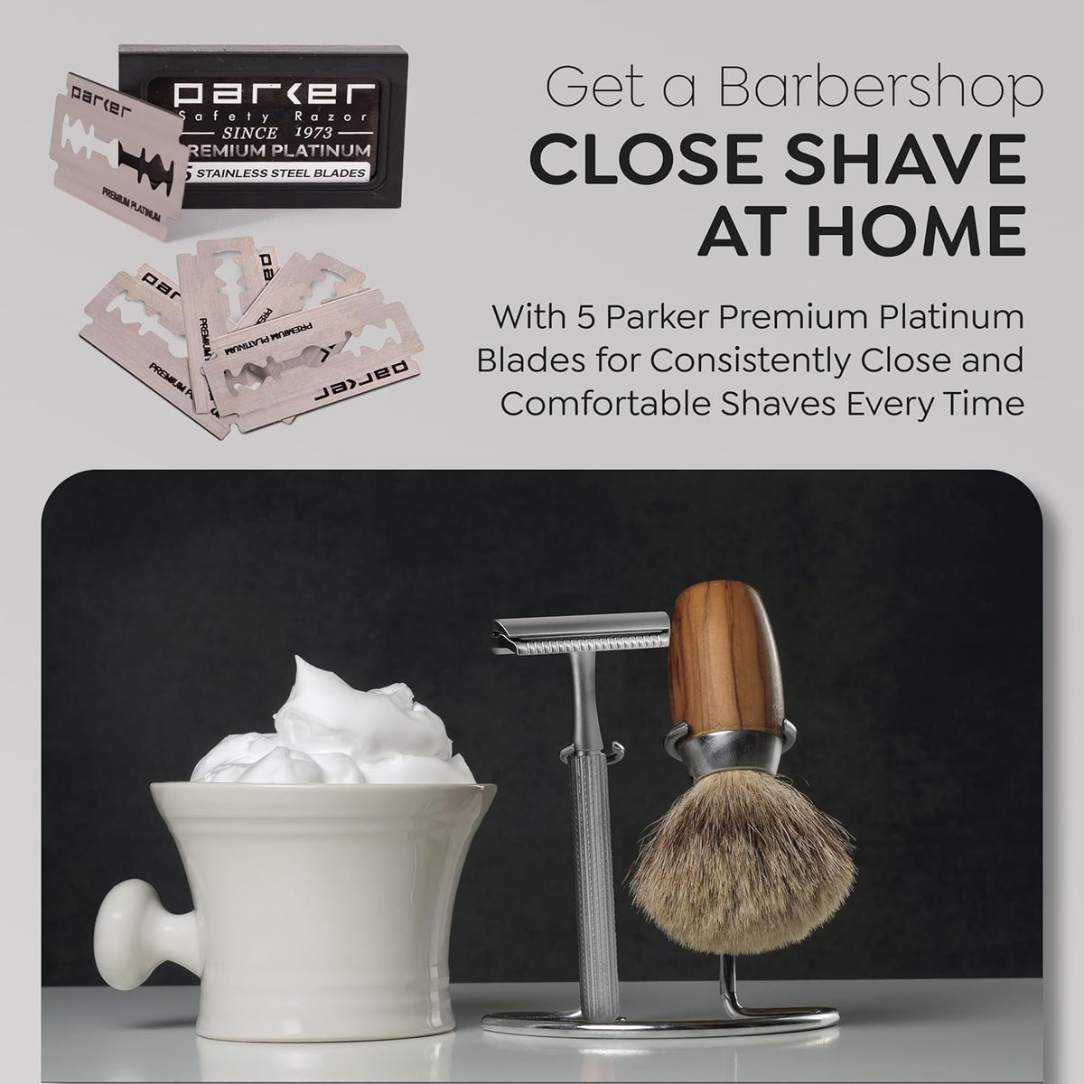 Parker 78R Double Edge Safety Razor with 5 Safety Razor Blades, Women & Men’s Safety Shaving Razor, Reusable, Plastic Free – Satin Chrome