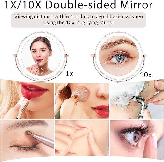 7" Rose Gold Glitter Diamond Rhinestone Makeup Mirror,360°Rotate Round Tabletop Vanity Mirror Double Sided 1X/10X HD Undistorted Magnifying Mirror,Portable Vanity Women Gift (Rose Gold)