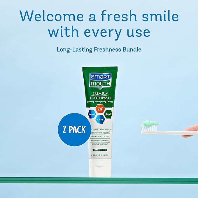 SmartMouth Premium Zinc Ion Toothpaste - Whitening - with Fluoride - Refreshing, Anti-Cavity Toothpaste for Adults - Strengthens Enamel - Mild Mint Flavor, 6 oz (2 Pack)