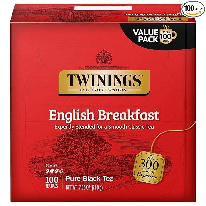 Twinings English Breakfast Black Tea Individually Wrapped Bags, 100 Count (Pack of 1), Smooth, Flavourful, and Robust, Caffeinated, Enjoy Hot or Iced, 100 Teabags