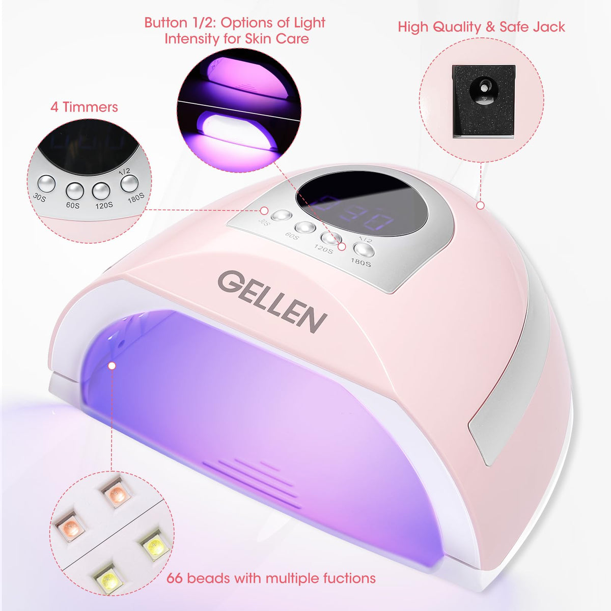 Gellen UV Light for Nails, 268W UV LED Nail Lamp for Finger Toe, Professional Fast Curing Nail Dryer for Gel Nail Polish, 4 Timers and 66 LED Beads