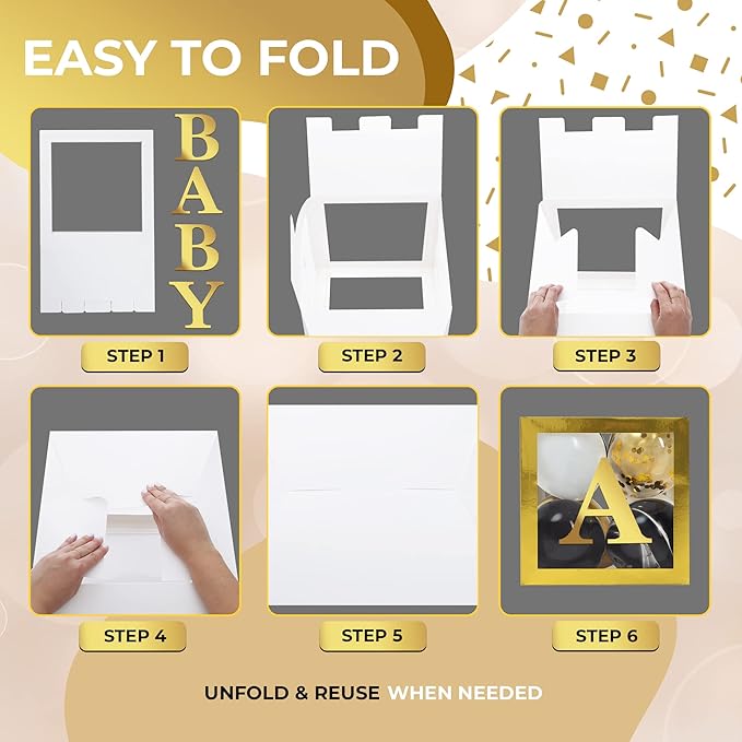 Baby Shower Boxes with Letters – Gold Boxes with Gold & Black Balloons – 44-Piece Gender Reveal & Party Decoration Set by Vellax
