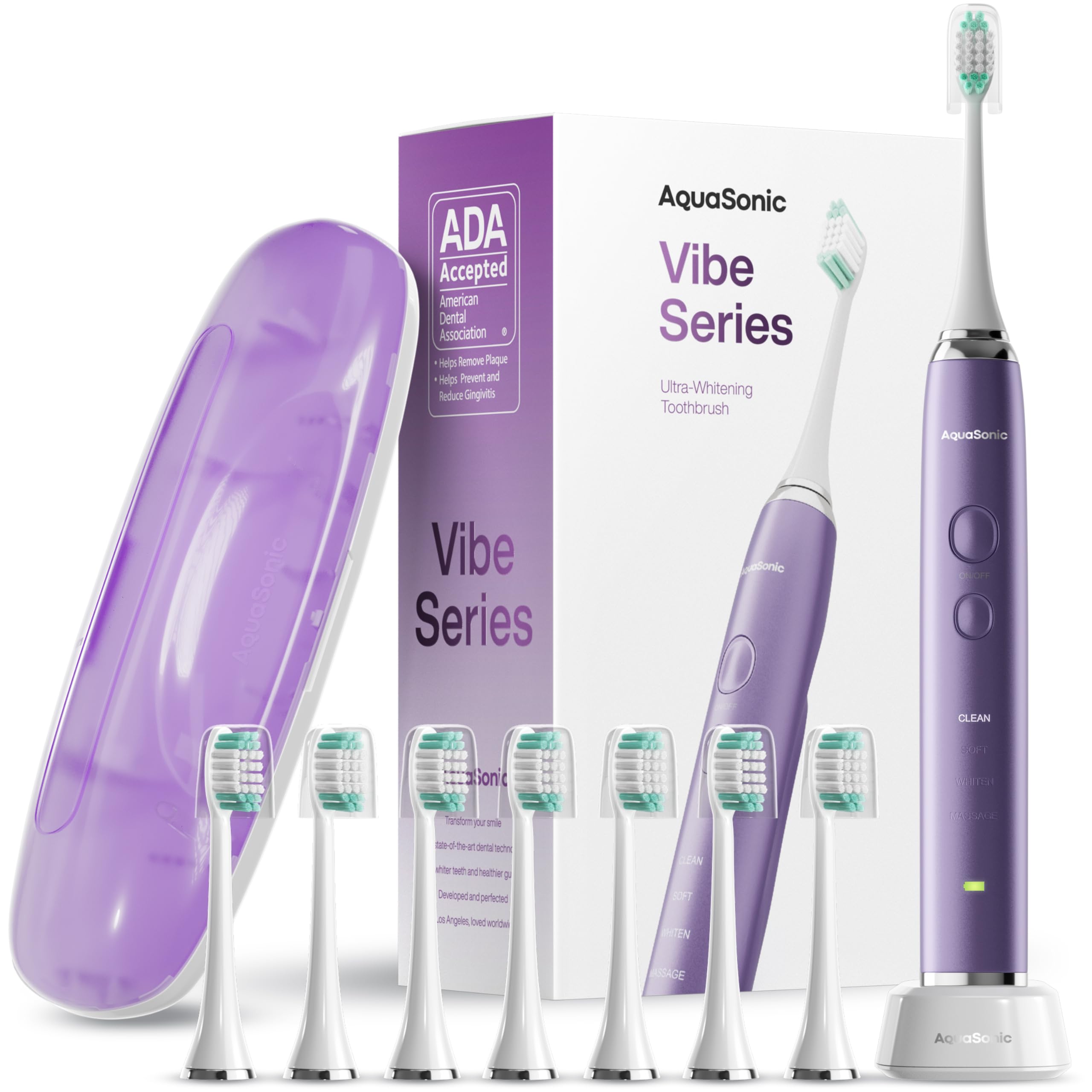 Aquasonic Vibe Series Ultra-Whitening Toothbrush – ADA Accepted Electric Toothbrush - 8 Brush Heads & Travel Case – 40,000 VPM Motor & Wireless Charging - 4 Modes w Smart Timer – Satin Violet