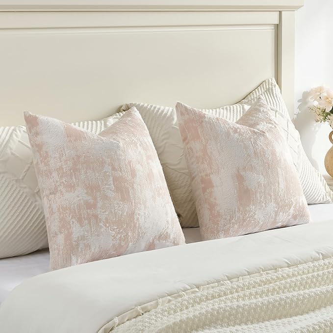 FUTEI Pink White Decorative Throw Pillow Covers 26x26 Inch Set of 2,Soft Faux Cashmere Jacquard - Textured & Cozy Euro Pillow Shams,Modern Home Decor for Couch Bed Living Room