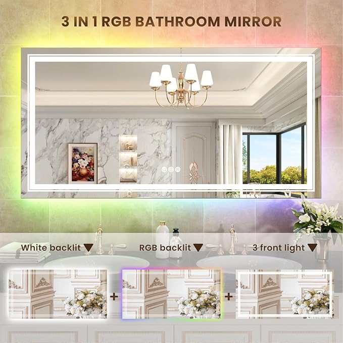WTTY LED Bathroom Mirror 60"x30" with RGB Backlit and Front Light,Stepless Dimmable LED Mirror for Bathroom,Colored Lighted Bathroom Vanity Mirror,Anti-Fog,Memory Function,Shatter-Proof