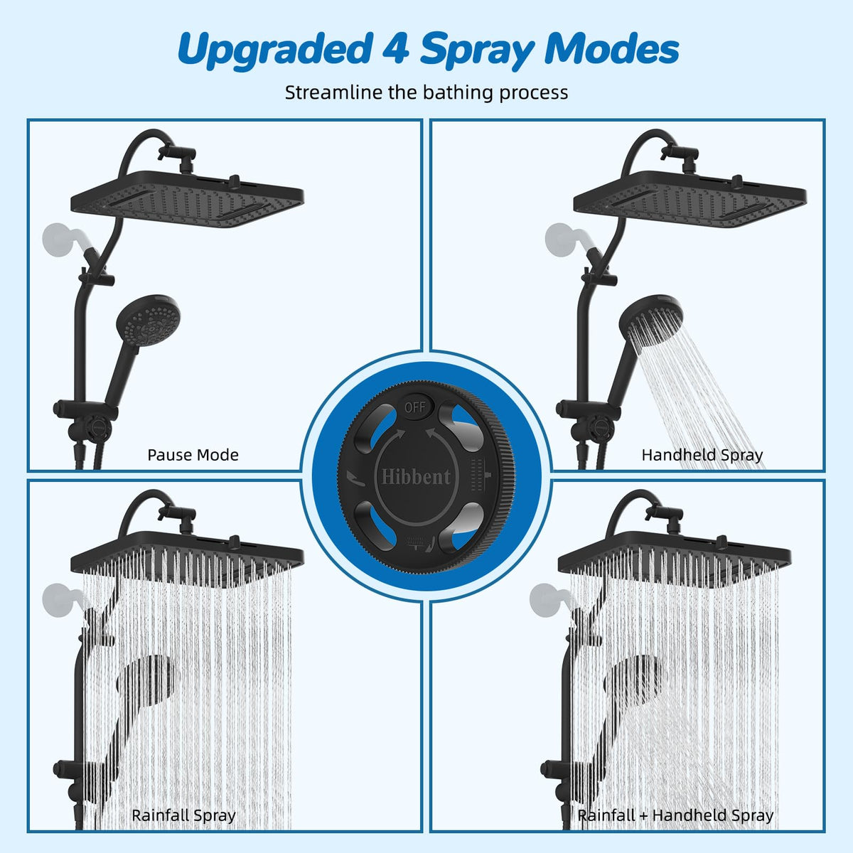 Hibbent cUPC Certified 13'' Shower Head Combo, High Pressure 5 Spray Rainfall Showerhead, 10 Spray Mode Handheld, All Metal Easy Reach 4-way Diverter Arm with Pause Mode, 71'' Hose and Holder, Black