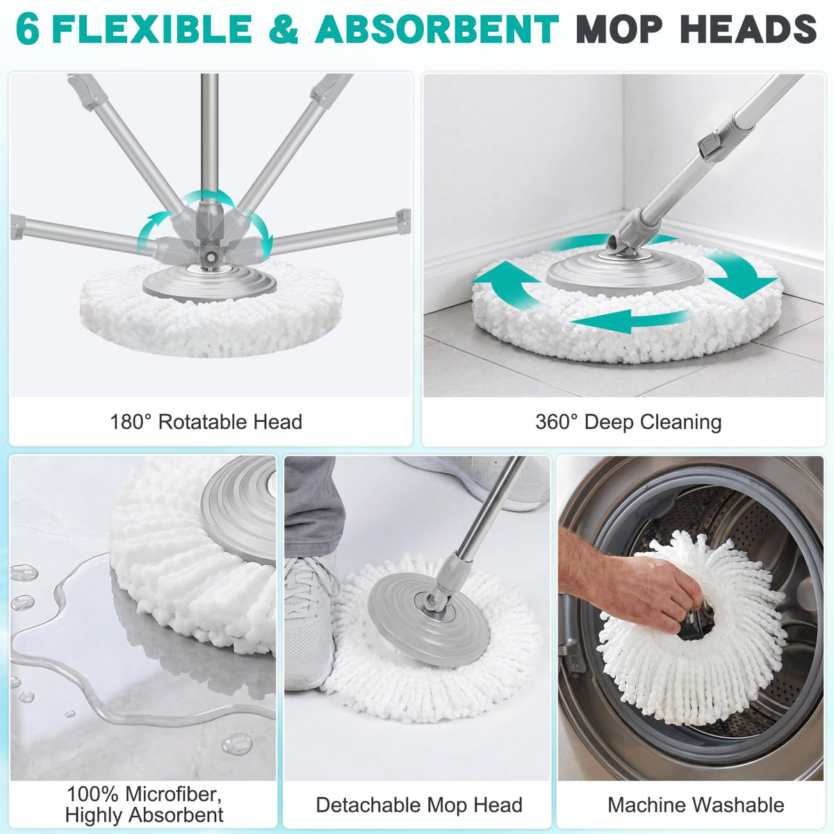 Sarkunpio Mop and Bucket Set with Wringer, Spin Mop Floor Cleaning System with 6 Replacement Microfiber Heads & 61" Extra-Long Handle for Home Floor, Blue