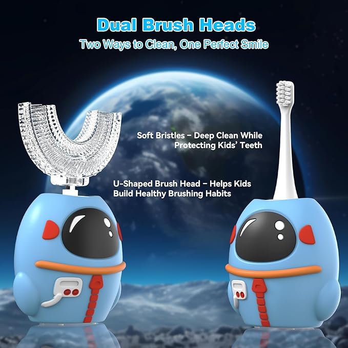 FTOYIN Kids Electric Toothbrush, U Shaped Toothbrush with 4 Brush Heads, Ultrasonic 360° Cleaning, 5 Modes, Smart 45s Timer, IPX7 Waterproof (Ages 2–12)