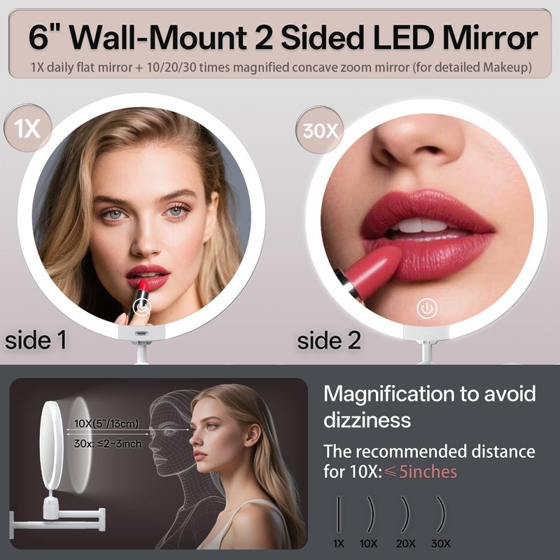 6" Led Wall Mounted Makeup Mirror Double Sided 1/30X, 1-Second Install Lightweight Compact Wall Mirror with Light, Rechargeable Extendable Magnifying Mirror for Bathroom, Wall Vanity Mirrors (1+30X)
