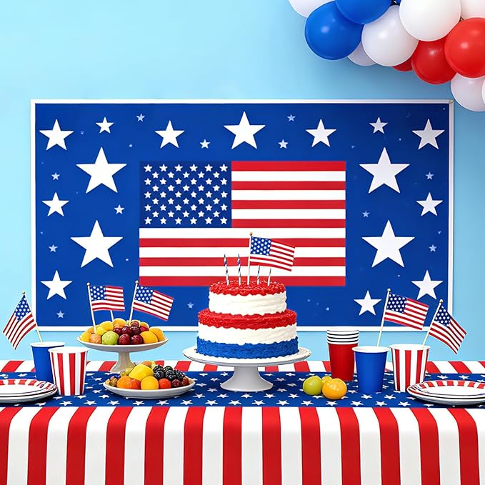 4th of July Tablecloth, Patriotic Plastic Tablecloths 54"x108", Fourth of July Table Decorations Red White and Blue American Table Covers 6 Pack, Patriotic Decorations Memorial Day Party Supplies