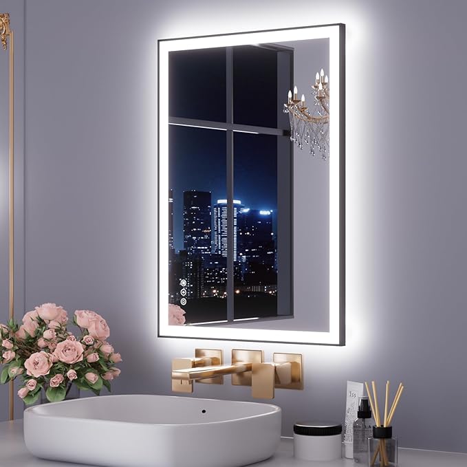 WTTY 28"X36" LED Bathroom Mirror with Black Frame, Bathroom Vanity Mirror with Lights for Wall, Front Light and Backlit, Anti-Fog, Dimmable, 3 Colors, Shatterproof, Memory, Horizontal/Vertical